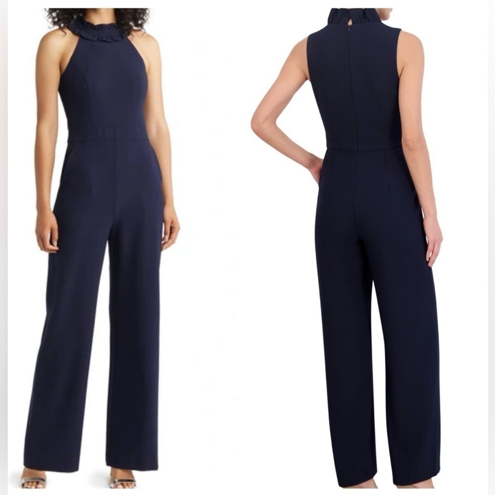 Eliza J Ruffle Halter Neck Jumpsuit pocket straight leg In Navy size 14
